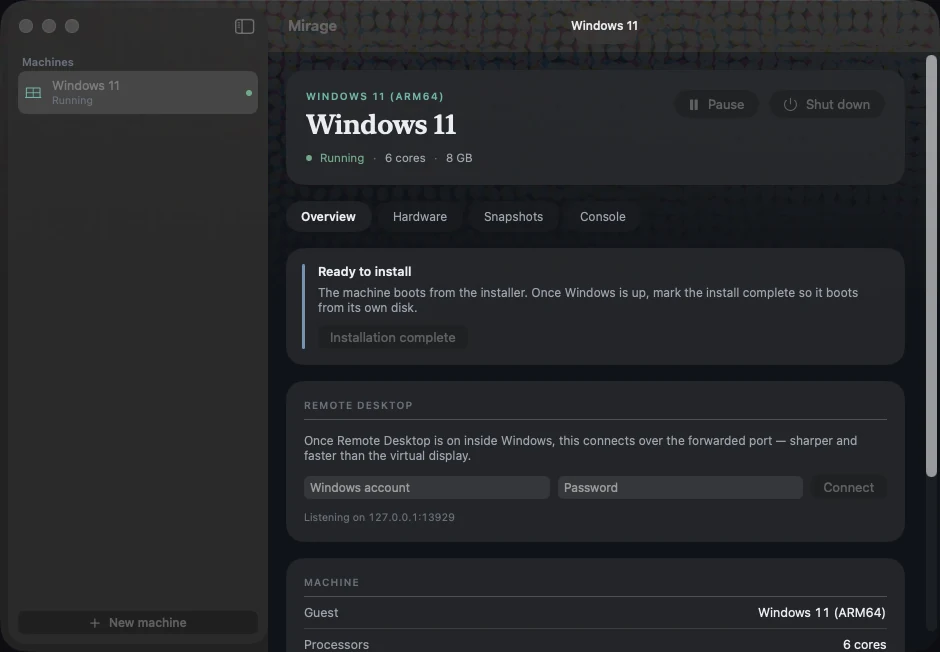 The Mirage window showing a Windows 11 ARM64 machine running on six cores and 8 GB, with Overview, Hardware, Snapshots and Console tabs.