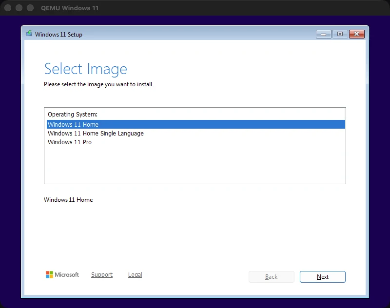 A QEMU window titled Windows 11 showing the Windows 11 Setup image picker, with Windows 11 Home selected from a list that also offers Home Single Language and Pro.