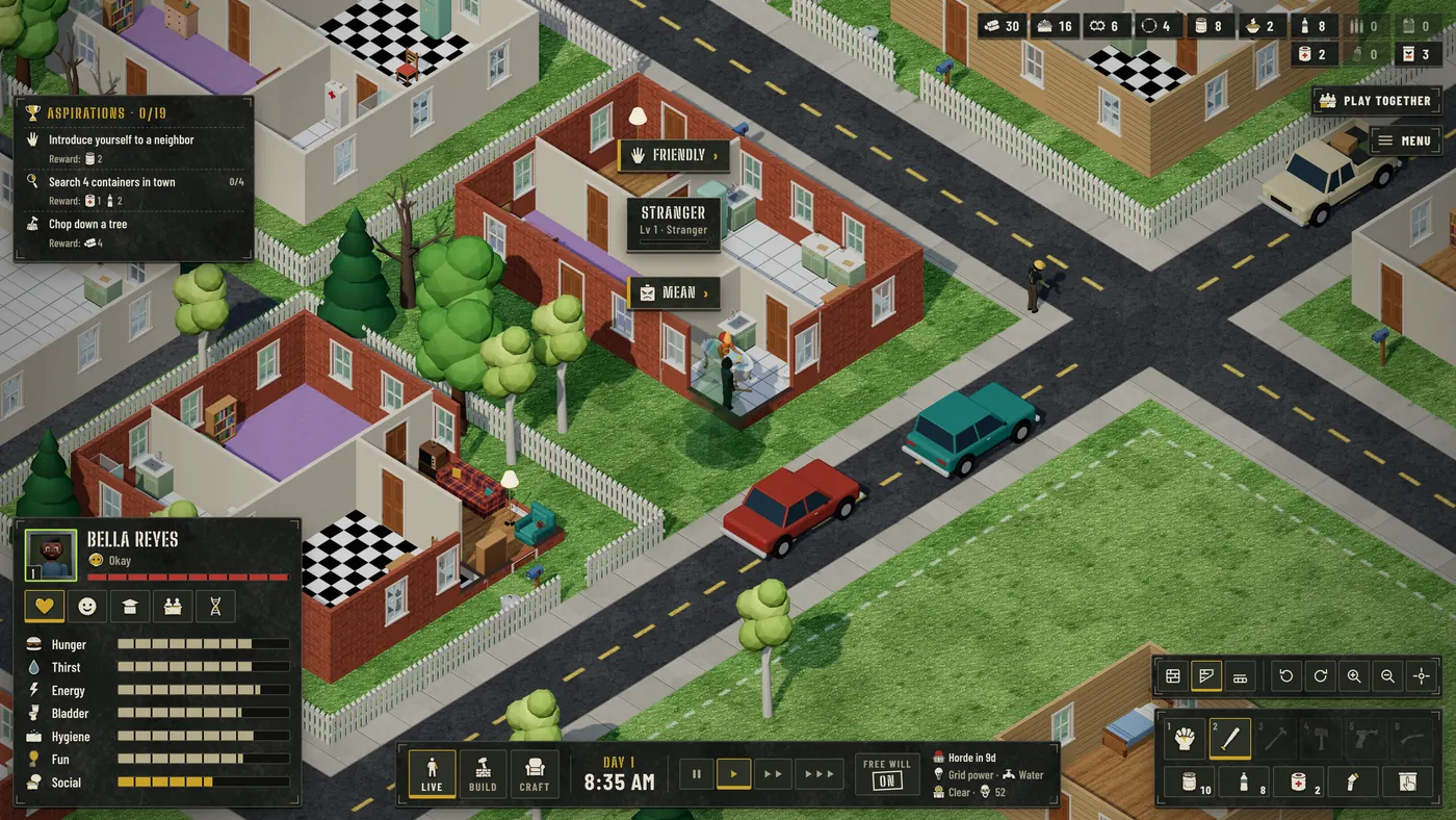 Isometric daytime street of brick houses seen in cutaway. Two survivors stand together in a tiled bathroom. A radial interact menu floats over them with three entries: Friendly, a centre label reading Stranger, Lv 1 - Stranger, and Mean. The Aspirations panel top left lists 'Introduce yourself to a neighbor'. The survivor card bottom left reads Bella Reyes, Okay, with need bars; the bottom bar shows Day 1, 8:35 AM.