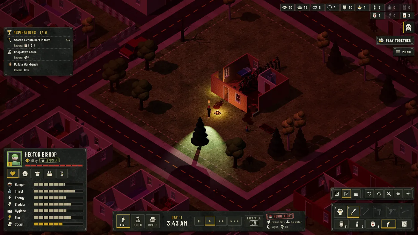 Night-time isometric view lit in deep red. A column of zombies files through the cutaway homestead house and crowds its rooms. Outside, a survivor stands beside a burning campfire, a flashlight beam sweeping the grass toward a tree. The survivor card bottom left reads Hector Bishop, Okay, with an INFECTED tag and need bars. The bottom bar shows Day 11, 3:43 AM, a red HORDE NIGHT badge, and status text reading Power out, No water, Night, 69.