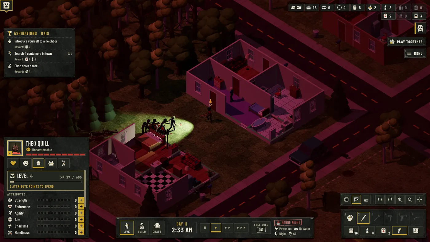Night-time isometric view of two cutaway houses in dark red light. A flashlight cone picks out three zombies mobbing a survivor on the grass beside a bed and a lamp. The open panel bottom left reads Theo Quill, Uncomfortable, with the skills tab selected: LEVEL 4, XP 37 / 650, '3 attribute points to spend', and rows for Strength, Endurance, Agility, Aim, Charisma and Handiness each at 0 with a plus button. The bottom bar shows Day 11, 2:33 AM, a red HORDE NIGHT badge, Power out and No water.