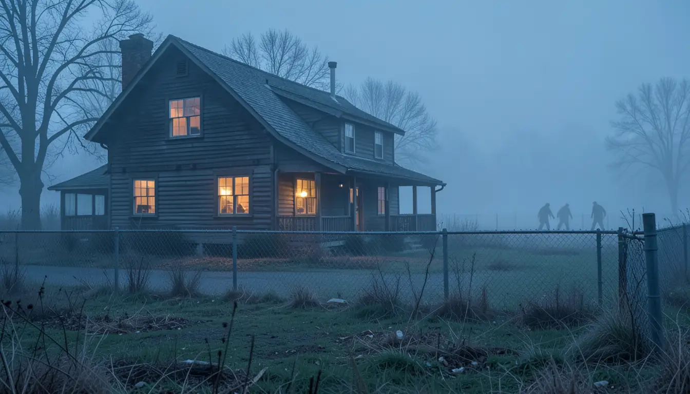 A clapboard farmhouse with its windows lit, seen through a chain-link fence in blue fog, with three figures walking out of the mist on the right