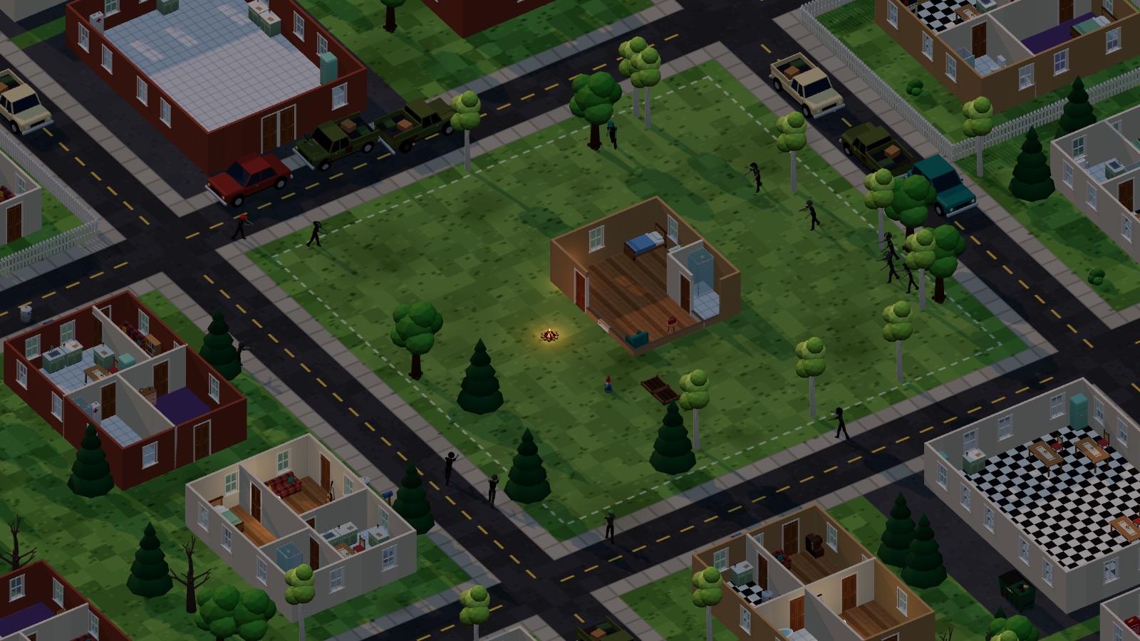 An isometric suburban block at dusk: a half-built cabin by a campfire, cutaway houses, and zombies shambling in from the streets
